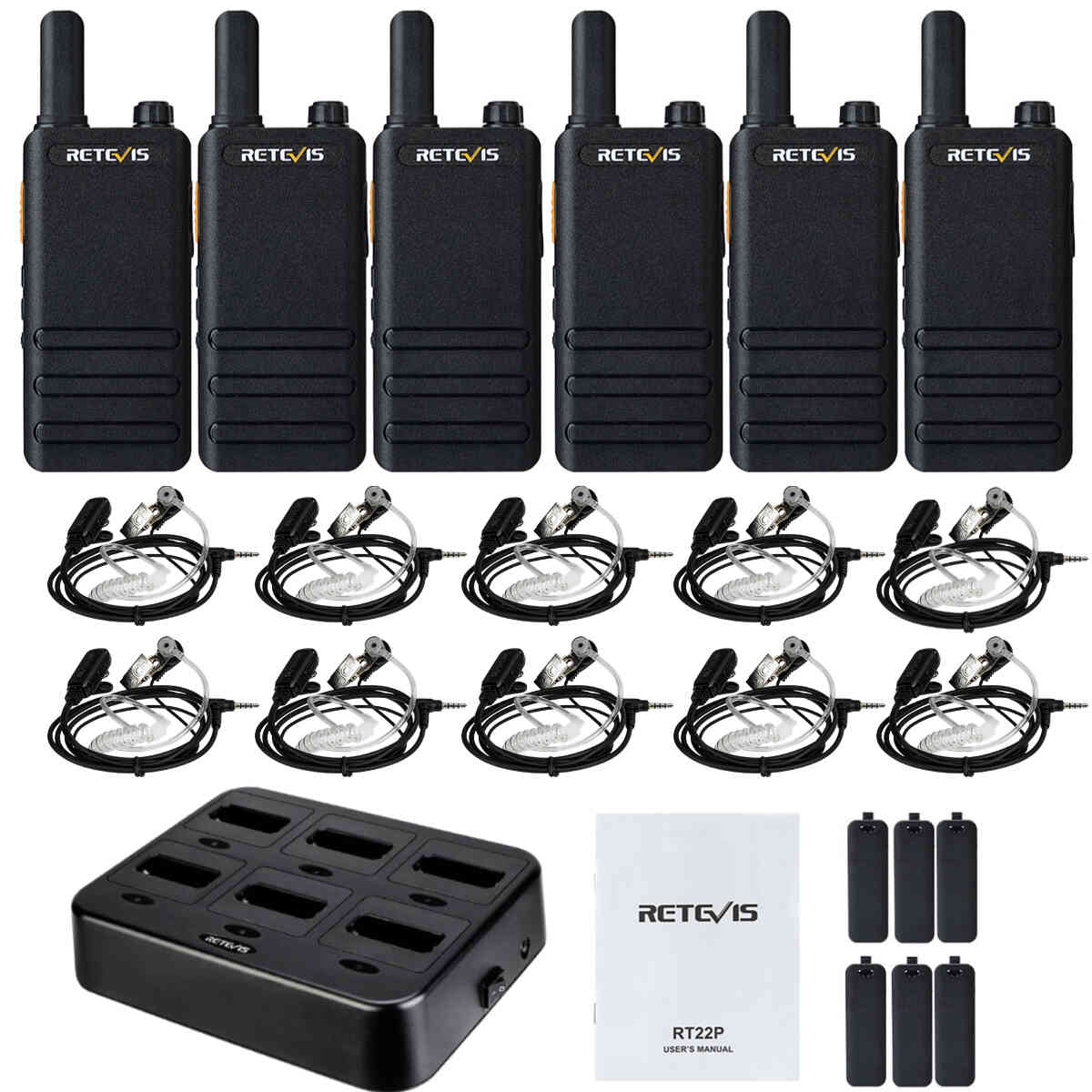 Retevis RT22 Walkie Talkies (6 Pack) with Headset (6 Pack), Rechargeable  Hands Free Two Way Radios Bundle RT22 Walkie Talkies Earpiece