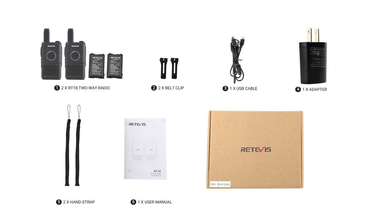 Package include: 2 x RT18 two way radio  1 x USB cable  2 x Belt Clip  1 x User manual  2 x Hand-Strap  1 x Adapter