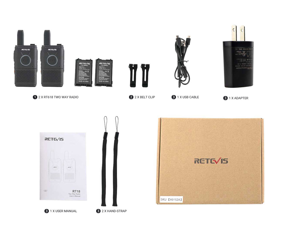 2 x RT618 two way radio  1 x USB cable  2 x Belt Clip  1 x User manual  2 x Hand-Strap  1 x Adapter