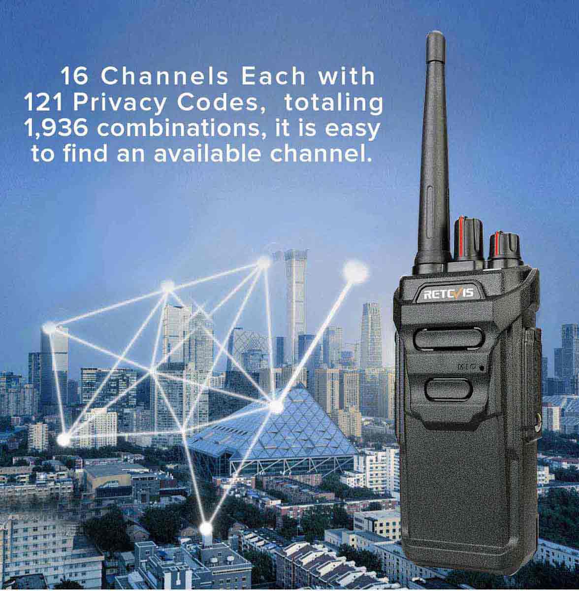 16 Channels Each with 121 Privacy Codes,  totaling 1,936 combinations, it is easy to find an available channel.