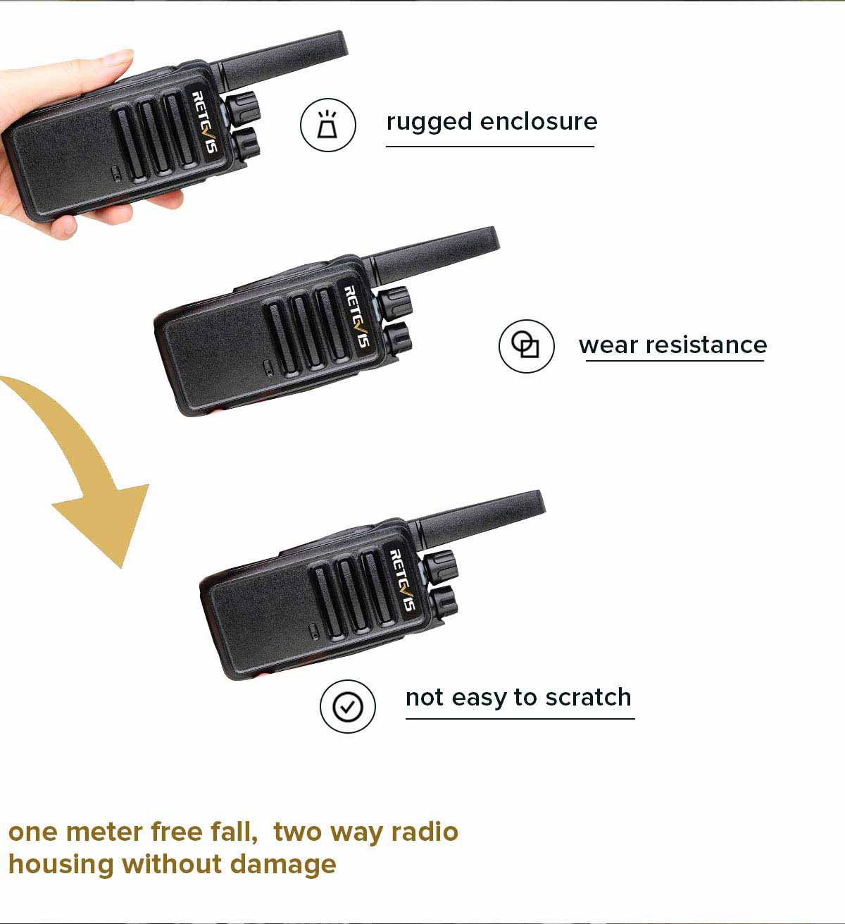 Description: This  is the newest free license two way radio, stylish appearance, comfortable feel,  rugged enclosure, wear resistance, not easy to scratch. one meter free fall,  two way radio housing without damage, the radio can continue to work(The bottom  of the intercom down, cannot turn the knob down). Good call quality, stable and  reliable quality, the use of longer. This radio  is suitable for the storage, wharf, construction site, tourism, hotel,  logistics, factory, etc.