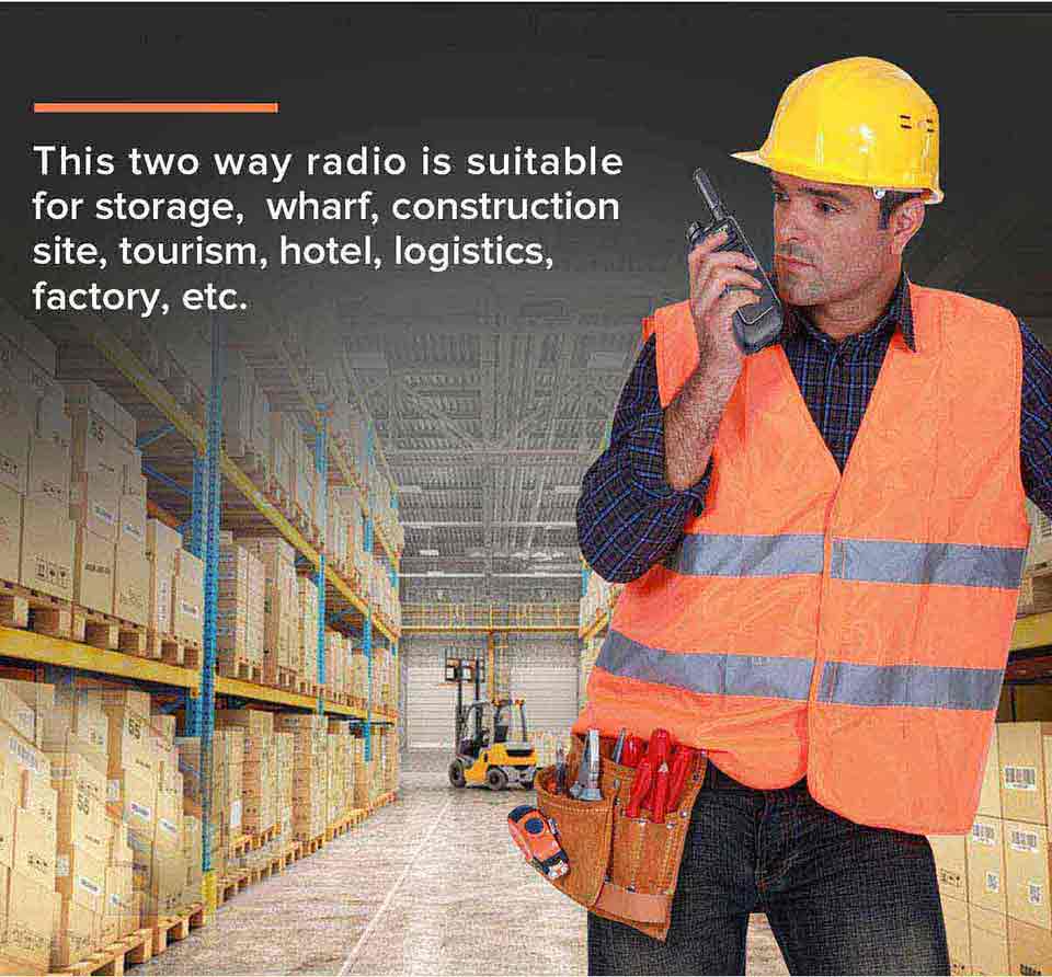 Description: This is the newest professional analog two way radio, stylish appearance,  comfortable feel, rugged enclosure, wear resistance, not easy to scratch. One meter free-fall, two-way radio housing without damage, the two way radio can continue to work (The bottom of the intercom down, can not turn the knob down).  Good call quality, stable and reliable quality, the use of longer. This two way radio is suitable for storage,  wharf, construction site, tourism, hotel, logistics, factory, etc.  Feature: