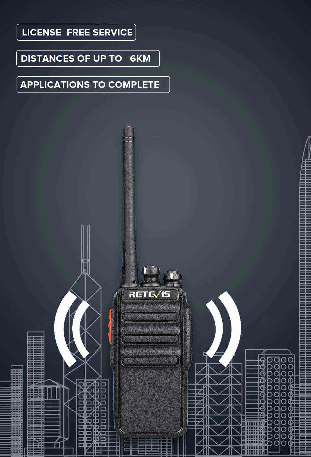 License   free service, applications to complete making them ideal in situations   where instant voice communication is required over distances of up to   6km (actual PMR446 coverage depends on terrain and environment)