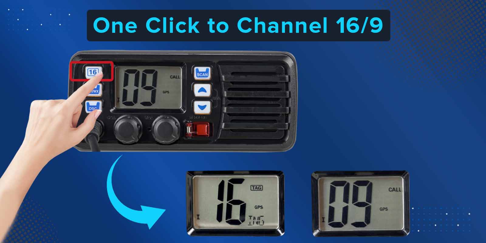 RM20 marine VHF radio One Click to Channel 16 and 9