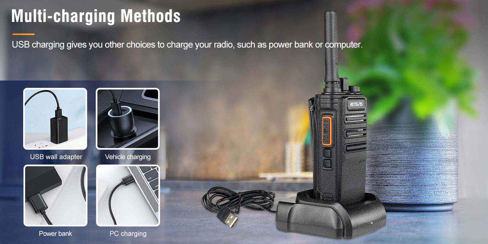 RB89 GMRS Bluetooth two way radios has mulit-charging methods