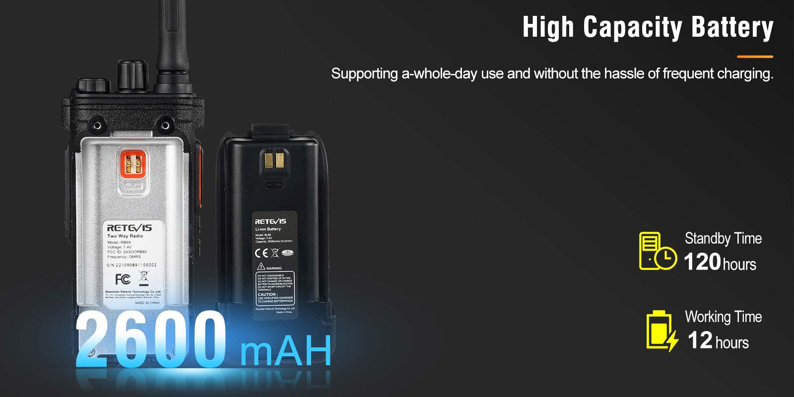 RB89 GMRS Bluetooth Two Way Radio has large battery capacity