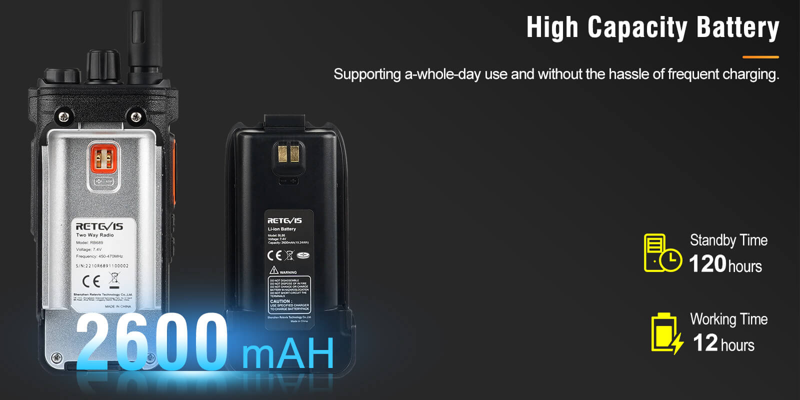 Retevis UHF Bluetooth Two Way Radio has large battery capacity
