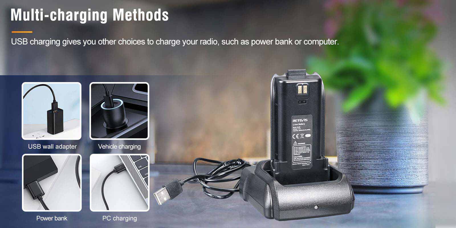 Retevis UHF Bluetooth Two Way Radio has multi-charging methods