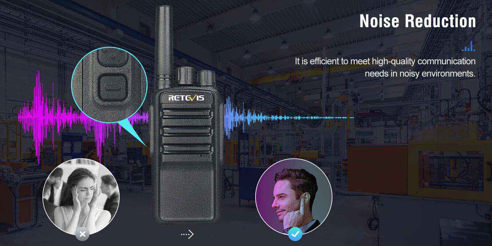 Retevis NR10 Noise Canceling Two Way Radio has noise reduction function