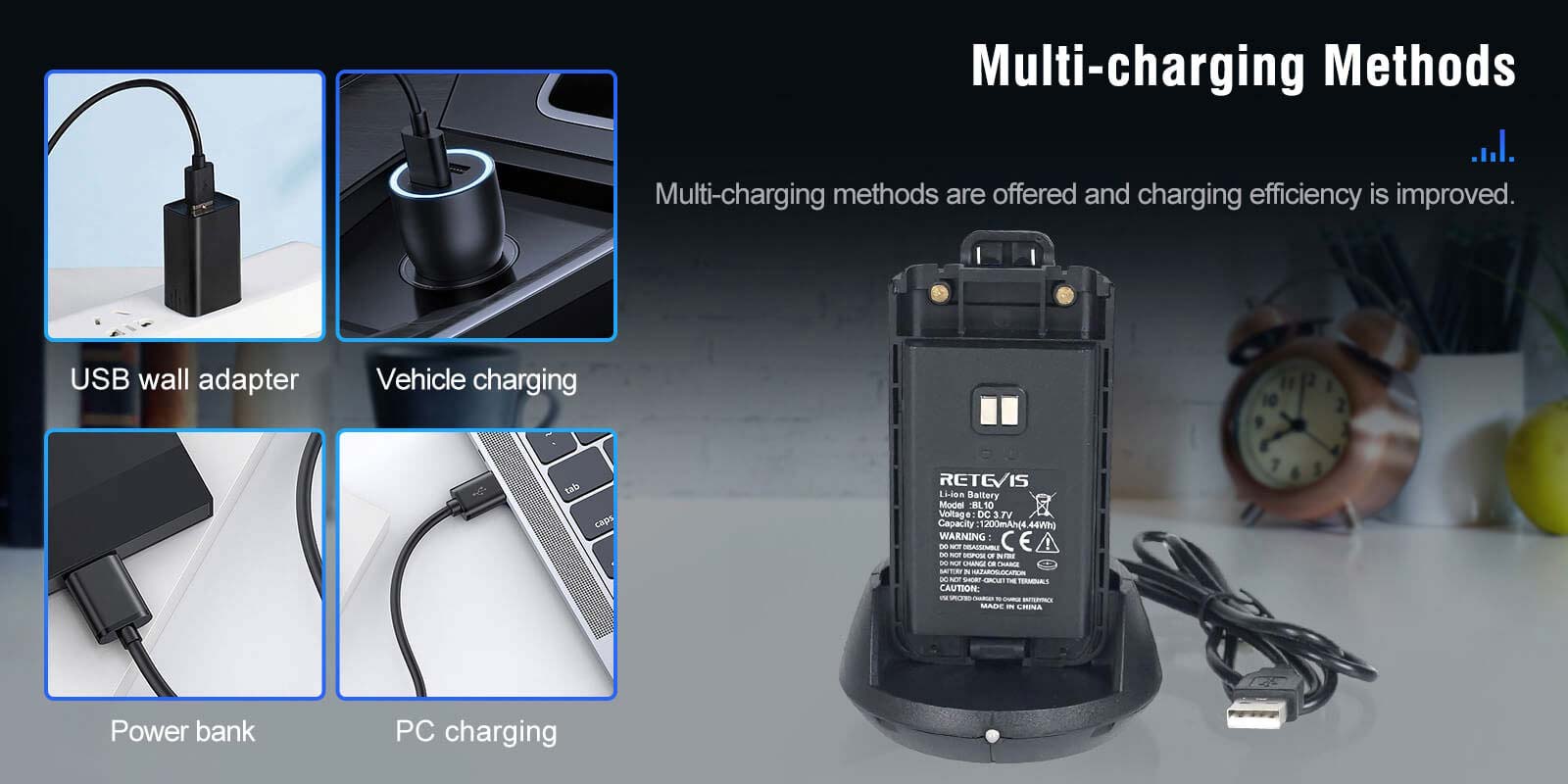 Retevis NR10 Noise Canceling Two Way Radio support multi-charging methods