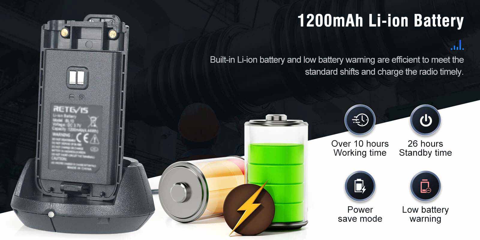 Retevis NR10 Noise Canceling Two Way Radio support has large battery capacity