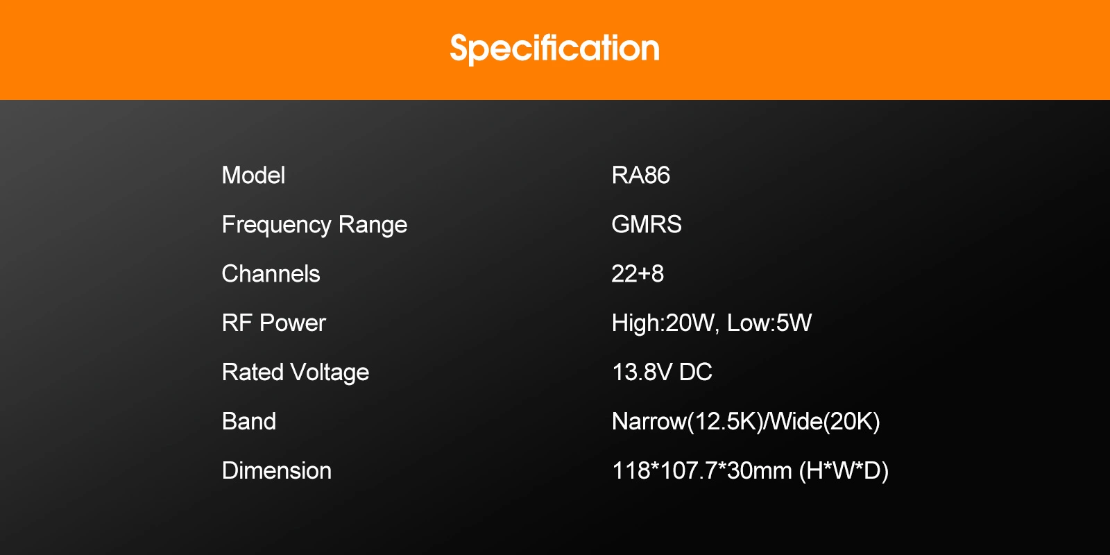 A9240A-Retevis-RA86-GMRS-Mobile-Radio-Specification