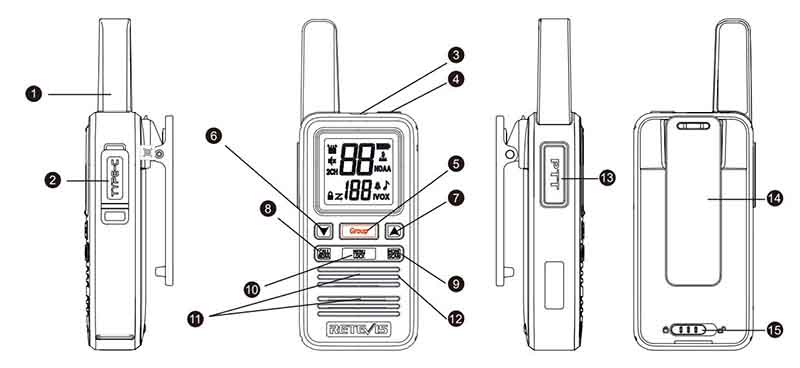 Buttons and parts on group call license-free radio rb67 rb667