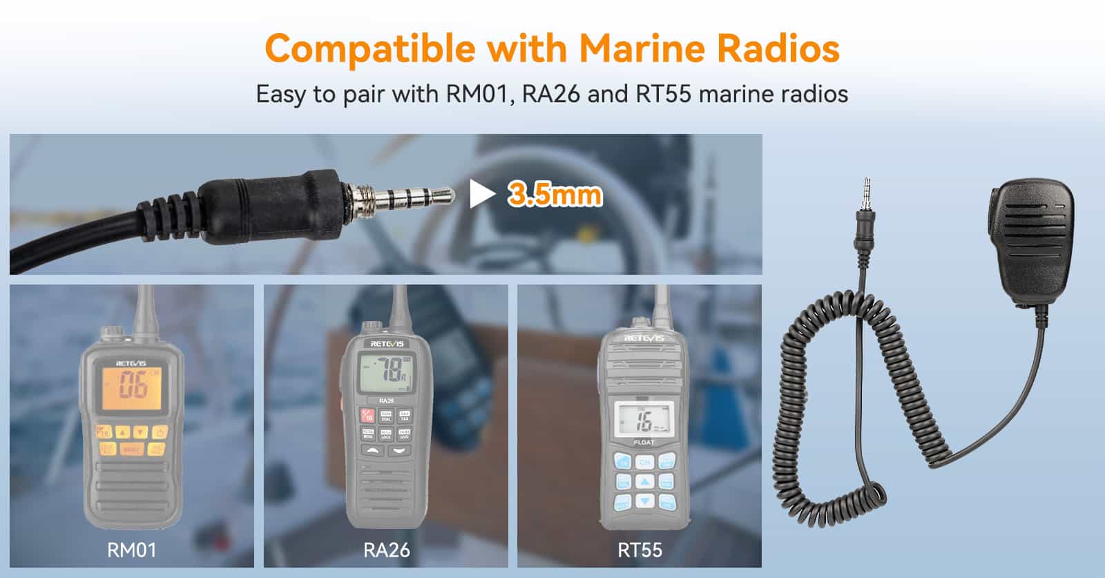 Compatible with Retevis Handheld VHF marine radio RM01 and Retevis RA26, Retevis RT55