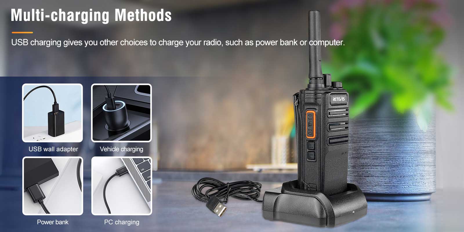 RB89 GMRS Bluetooth two way radios has mulit-charging methods