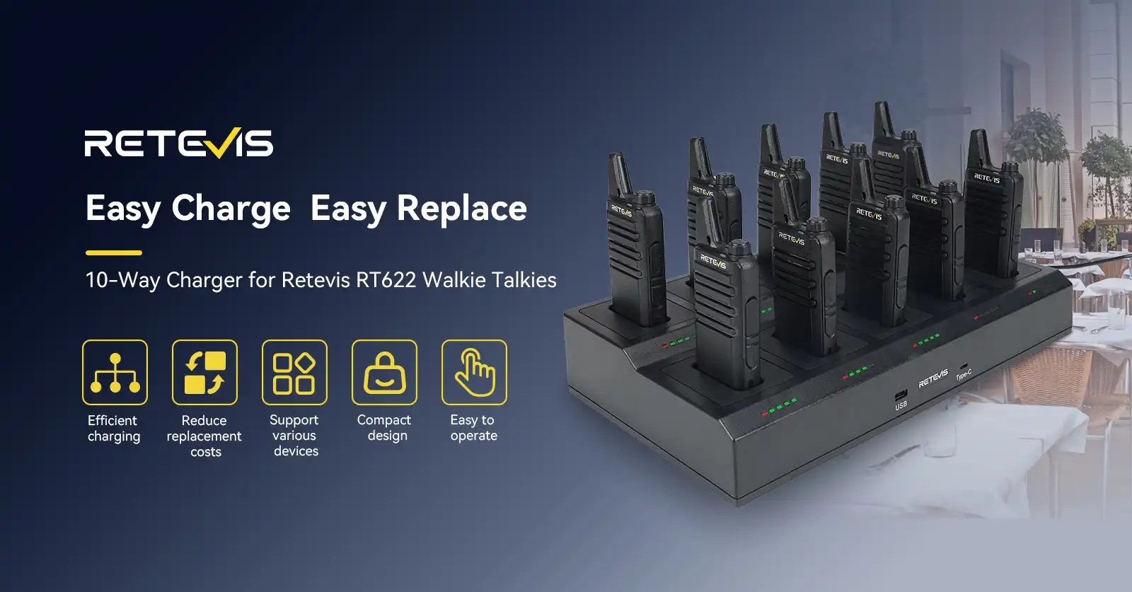 Retevis RT622 PMR446 Lightweight 2 Way Radio (10PCS) with 10-Way Charger