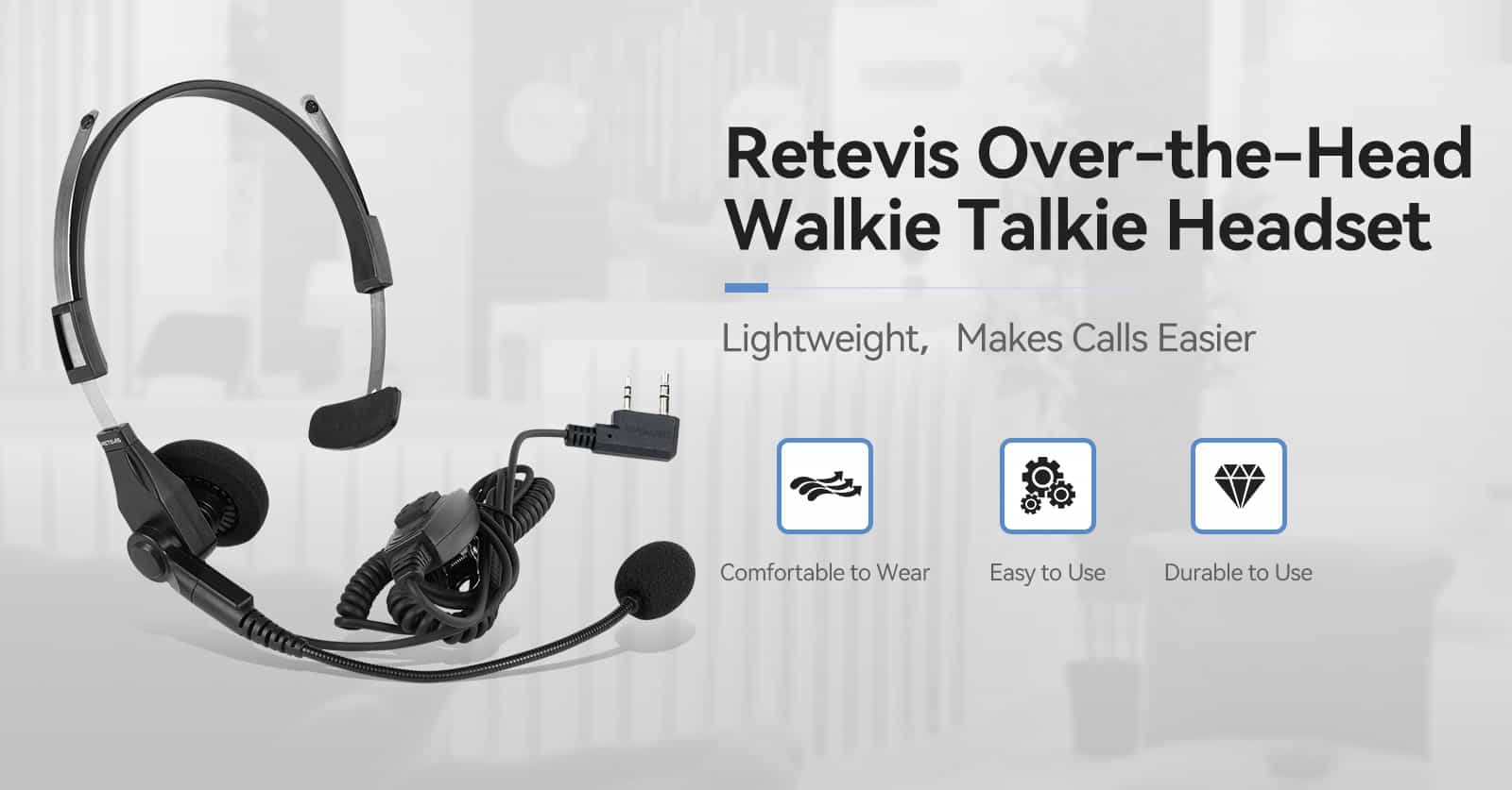 Retevis Over The Head Single Muff Lightweight Headset For Kenwood 2Pin Walkie Talkies