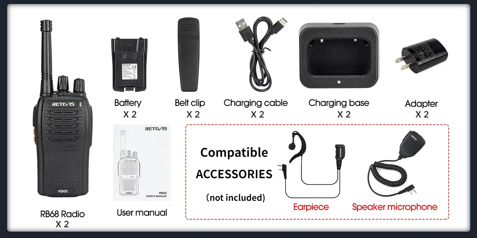 A9253A Retevis RB68 FRS Walkie Talkie Package Includes