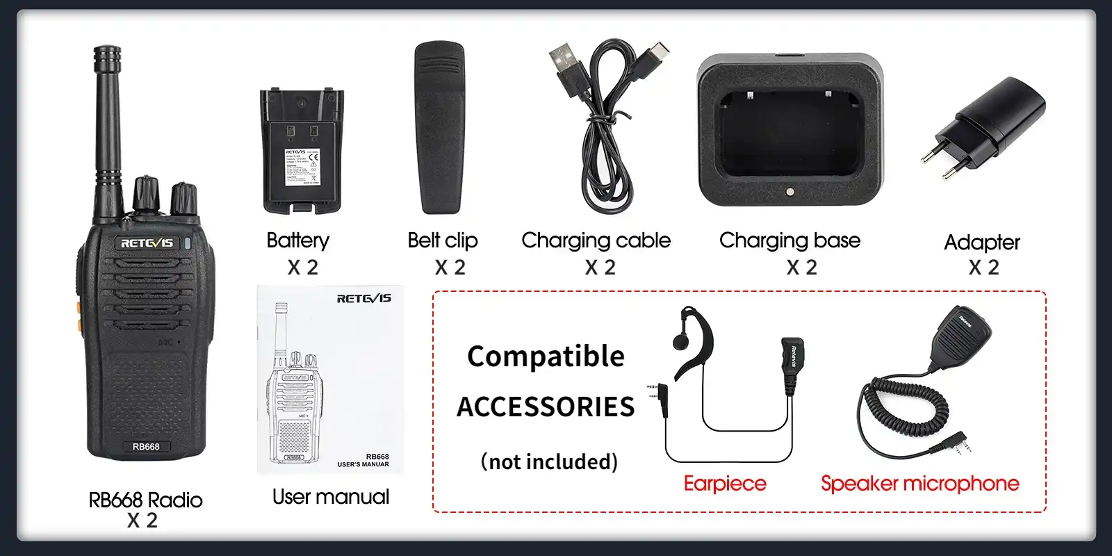 A9253B Retevis RB668 PMR446 Walkie Talkie Package Includes