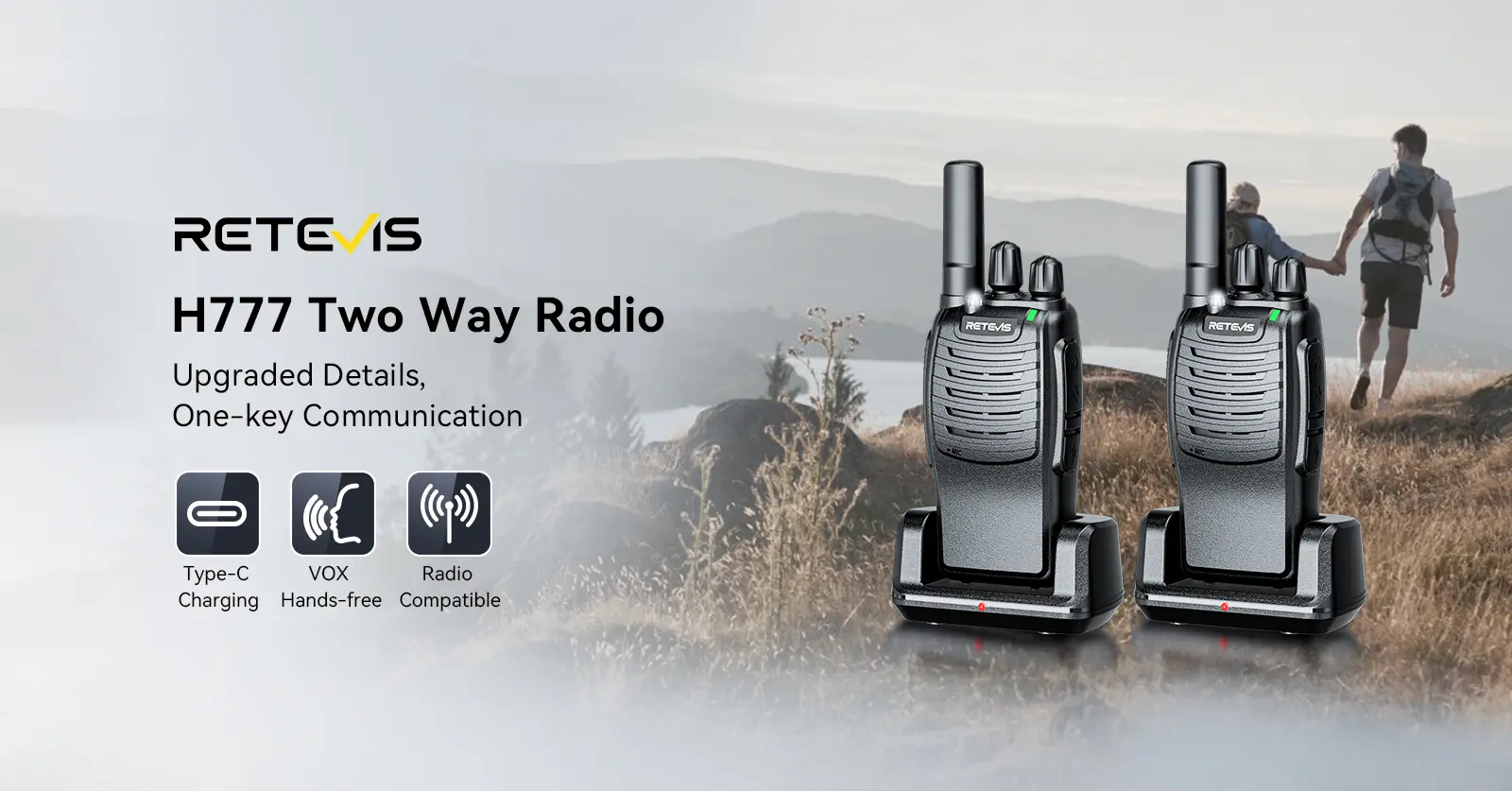 Retevis H777 portable hands-free 2 way radio with usb-c charger
