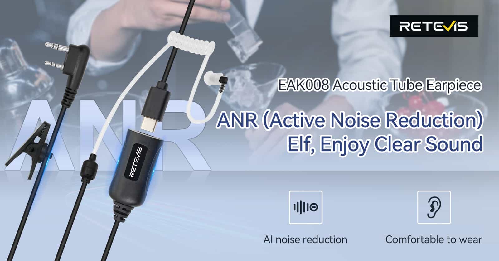 Retevis EAK008 AI active noise reduction walkie talkie earpiece Kenwood 2Pin