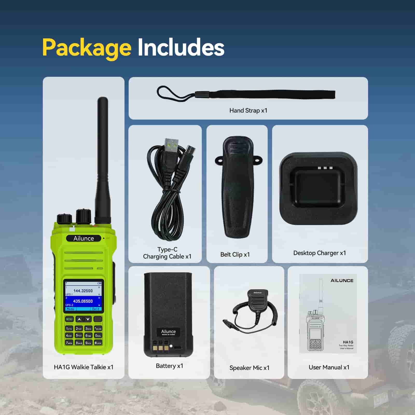 Ailunce HA1G GMRS radio GREEN with microphone Package Details