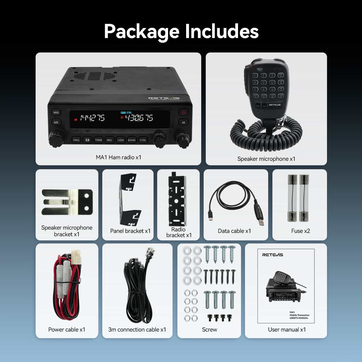 Retevis MA1 UHF VHF 50W High Power Amateur Ham Radio with Detachable Front Panel packega includes