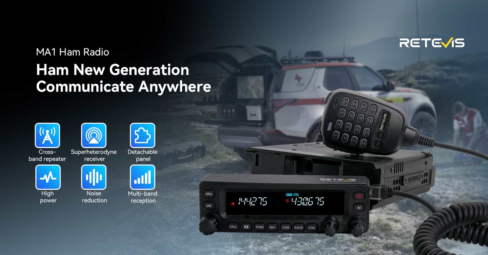  Retevis MA1 UHF VHF 50W High Power Amateur Ham Radio with Detachable Front Panel