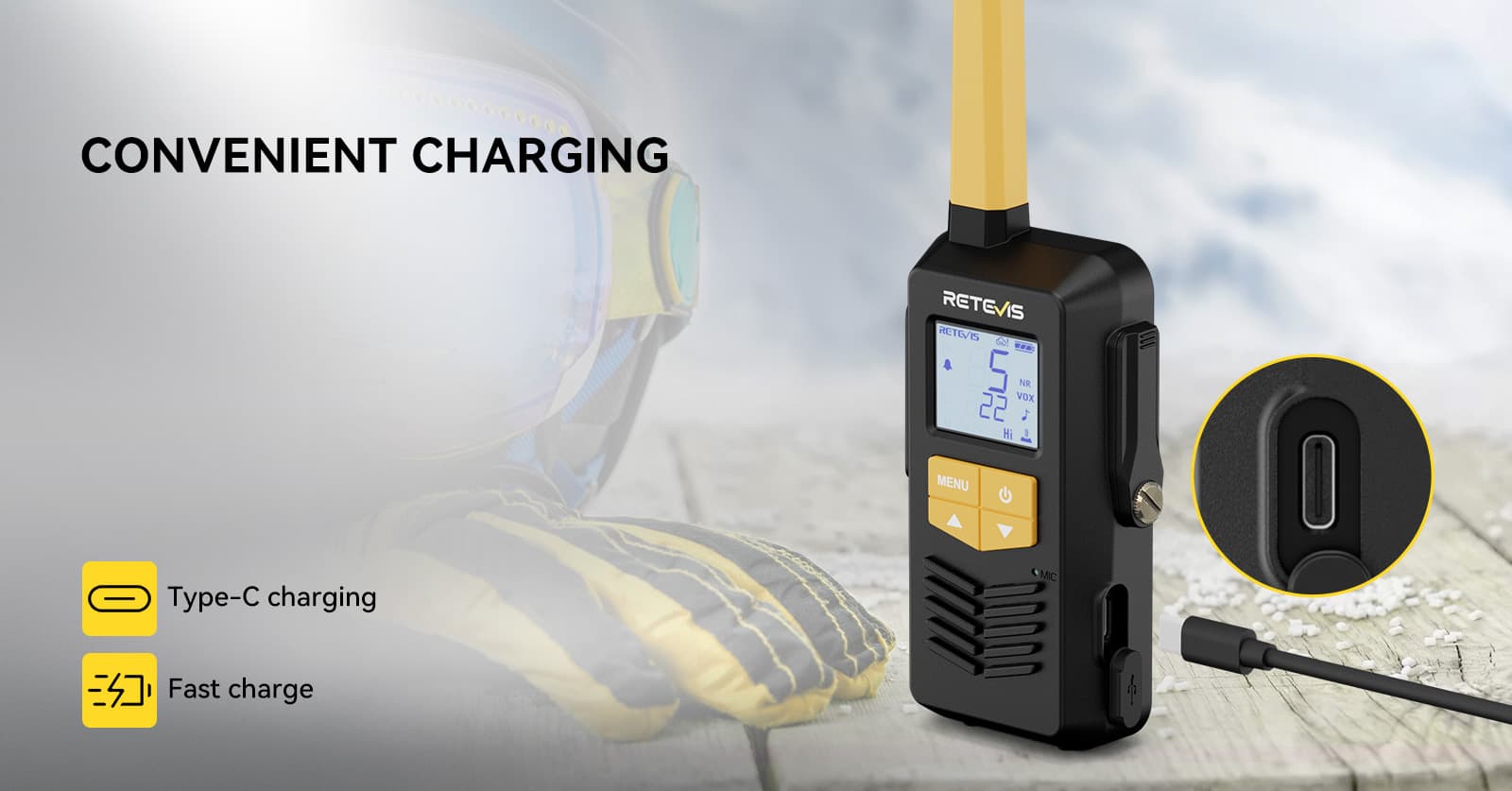 EZTalk 2S GMRS walkie-talkie features quick and easy charging