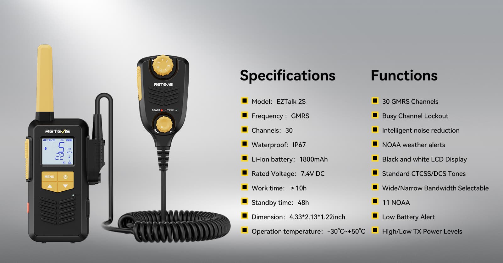 Retevis EZTalk 2S IP67 Waterproof 5W GMRS Walkie Talkie-Specifications