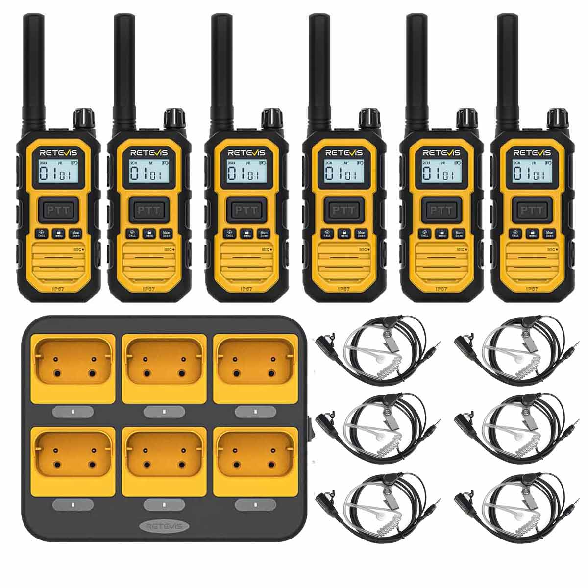RB48P IP67 Industrial 2 Way Radios 6 pack with Earpiece plus Gang Charger