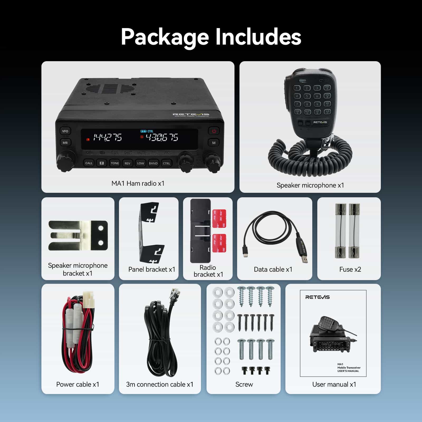 Retevis MA1 UHF VHF 50W High Power Amateur Ham Radio with Detachable Front Panel packega includes
