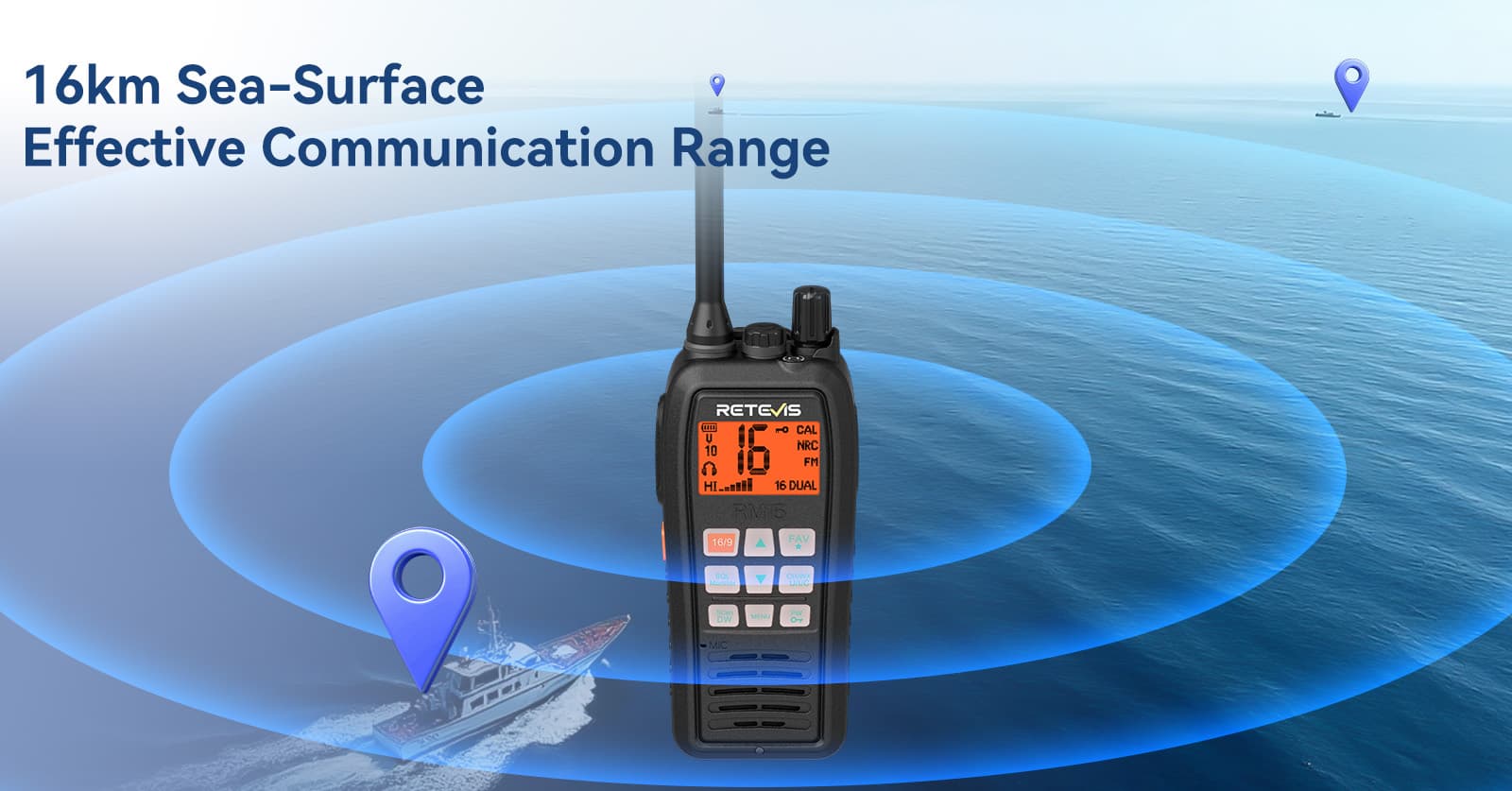 RM15 VHF marine radio; with long-distance; high-power capabilities