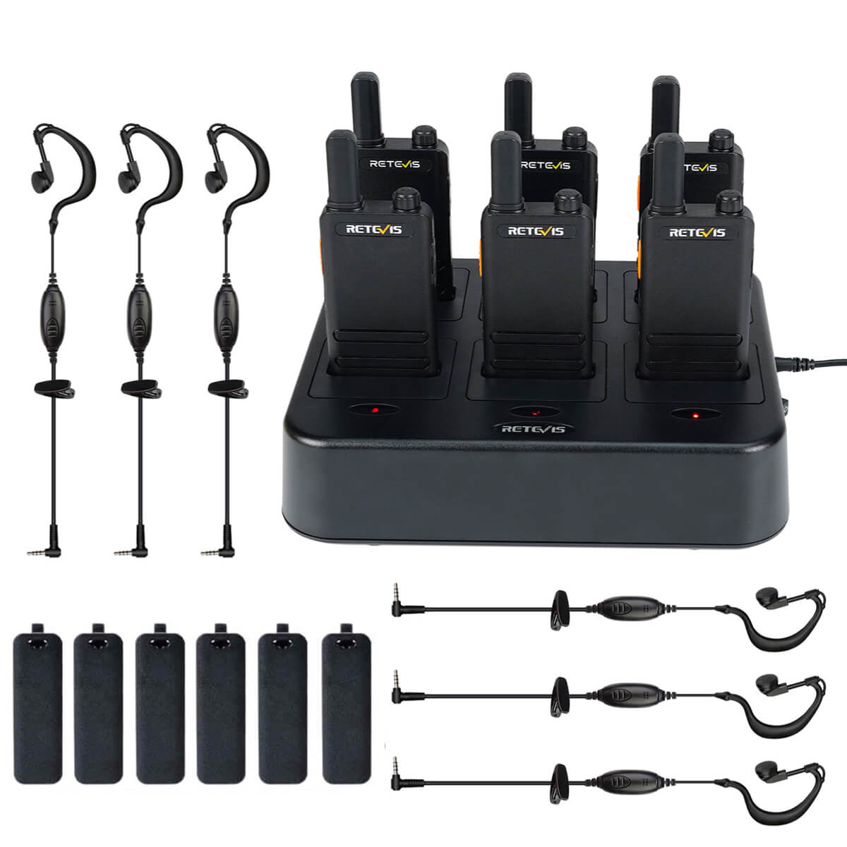 B3H FRS walkie talkie 6-pack with earpiece and six-way charger