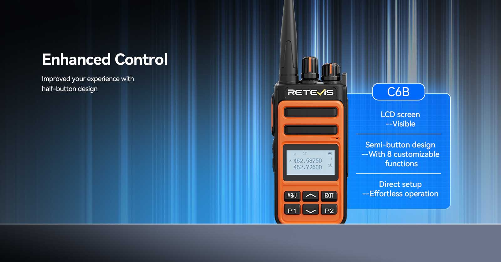 Retevis C6B handheld radio with clear display and customizable control